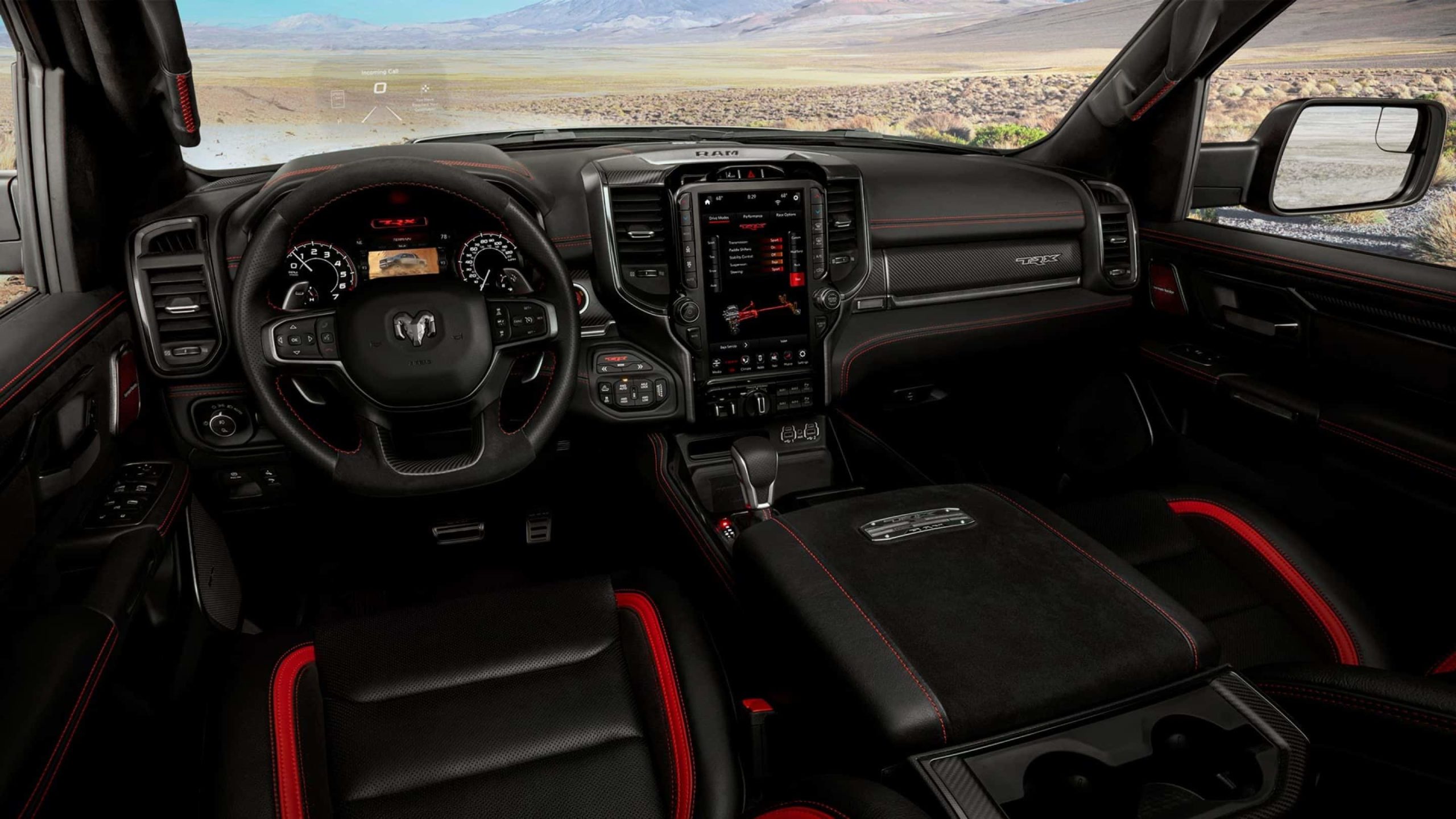 The interior on the new Ram 1500 TRX carries premium materials and uncommon refinement throughout. Boasting a host of new standard and available technologies—like the available virtual and reconfigurable Head-Up Display (HUD)—this beast was designed to meet the needs and wants of off-road adventurers.
