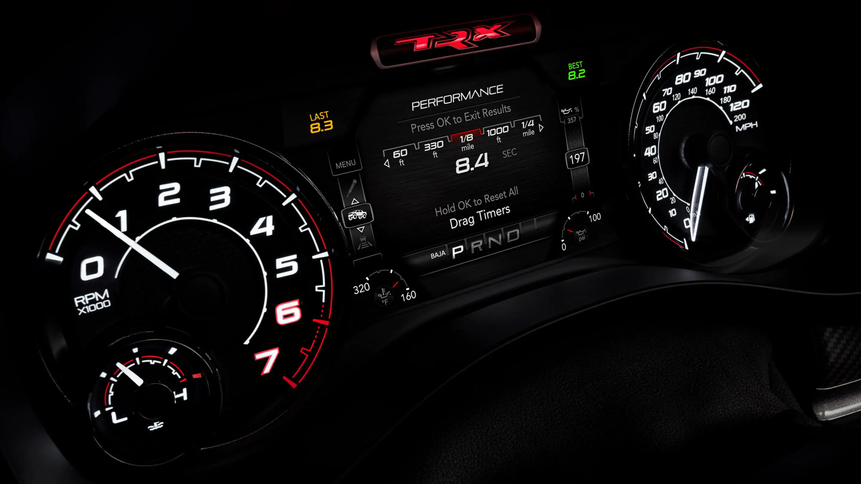 An LED-illuminated TRX badge sits prominently above the 7-inch Driver Information Digital Cluster Display. Below, new performance screens are displayed in bold colorways for enhanced driver feedback on both drive modes and Performance Pages.